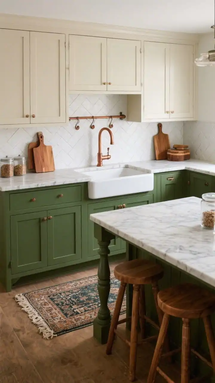 0: deep moss green Shaker lower cabinets, cream uppers, veined white quartz counters with generous edges; a copper apron-front sink centered, paired with a patinated copper pot rail along a white subway backsplash laid in herringbone; classic L layout with a large prep island featuring turned legs and seating for three; styled with warm wood cutting boards, a vintage rug runner, and glass canisters; cozy yet crisp, photorealistic, no people.