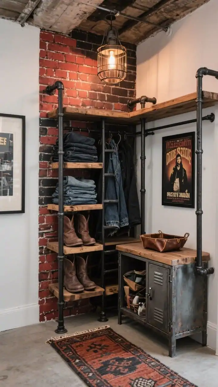 Angled medium-wide shot: Vintage industrial loft nook closet using black iron pipe rods, warm reclaimed wood shelves, and a brick-print peel-and-stick accent wall behind the main section. A tall ladder shelf corrals stacked denim and boots; a shallow metal locker cabinet stores clutter. On the shelf sits a rugged leather catchall tray. Overhead, an industrial cage light casts a warm glow. Floor features a flat kilim runner in rust and charcoal. A vintage concert poster in a black frame leans against the wall. Colors: brick red, coal black, tobacco leather, weathered wood. Photorealistic, no people.