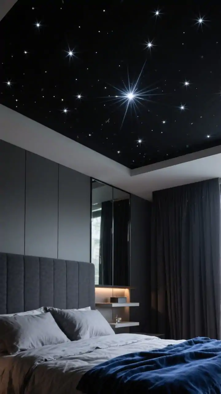 Closeup detail looking upward over the headboard: matte black drop ceiling segment with fiber-optic “stars” twinkling, a subtle shooting-star cluster above the headboard; charcoal headboard in frame; heather-gray sheets and a velvety midnight-blue throw visible at the bottom edge; smoked mirror closet doors reflecting delicate starry points; floating bedside shelves with hidden underglow; heavy blackout drapes partially visible; peaceful, magical, dim nighttime scene.