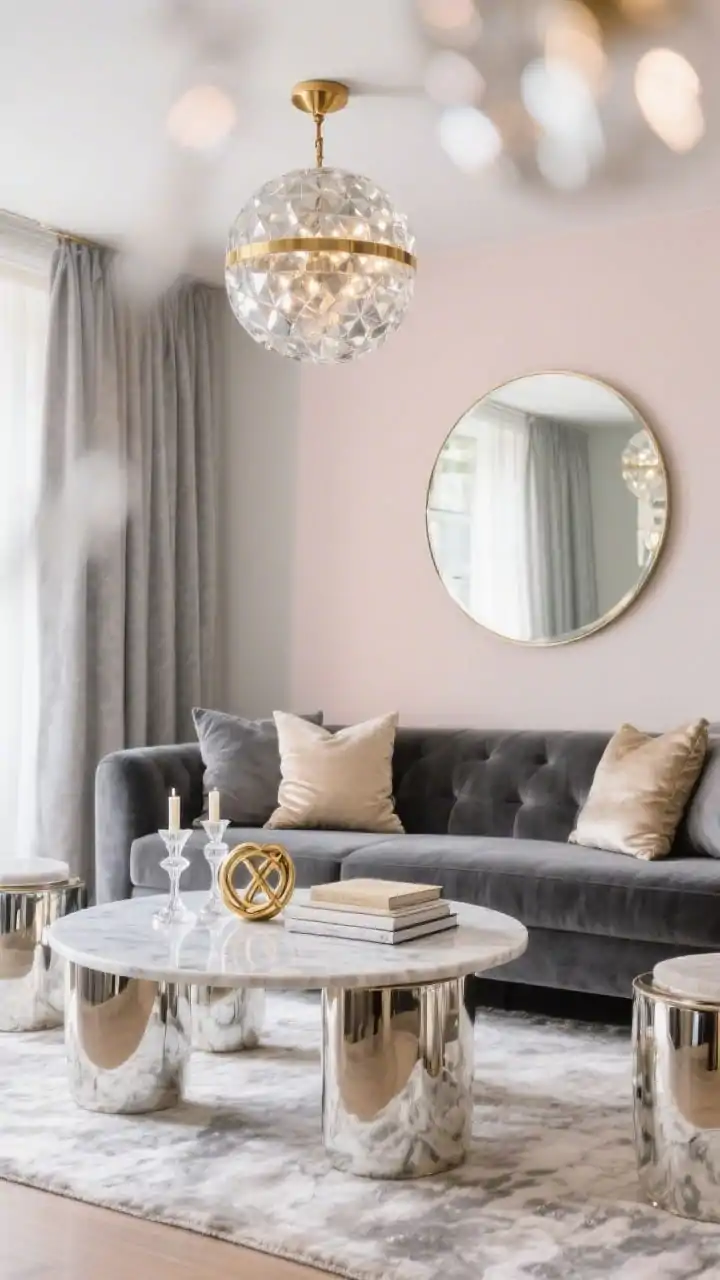 Closeup detail, low angle focusing on glam finishes: A pale greige wall with a hint of blush behind a dark grey couch topped with velvet pillows in champagne and smoke. In front, the edge of a round marble coffee table gleams; mirrored side tables reflect light. A silky low-pile rug in pearl and grey shimmers softly. On the table: cut crystal candleholders and a sculptural gold knot beside stacked coffee table books. Overhead bokeh of a brass globe chandelier (or faceted glass flush mount) sparkles. A large round mirror above the sofa subtly reflects the room; floor-to-ceiling dove grey curtains frame the scene. Elevated, luminous, photorealistic.