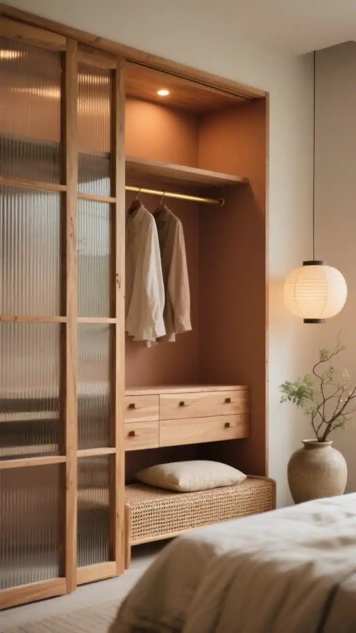 Closeup detail shot of a Japandi niche wardrobe: sliding fluted-glass doors in a slim natural oak frame partially open, revealing floating oak shelves, a single brushed-brass rail with a few garments, and drawer units with inset pulls; warm LED puck lights above the rail casting a gentle glow; clay-toned wall visible behind, complemented by creamy textiles; a low woven bench with a cushion at the base, nearby paper lantern pendant blurred in the background, stoneware vase with branchy greens; restrained, restful mood, photorealistic.