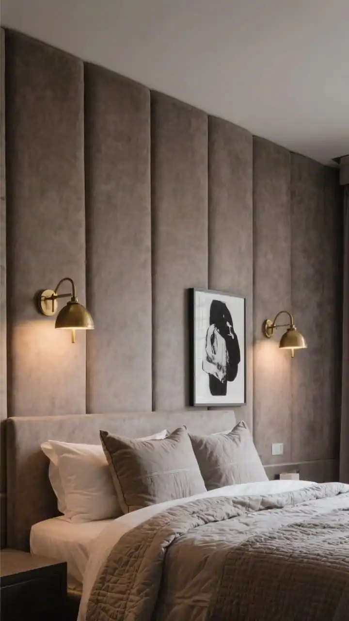 Closeup detail shot of textures and lighting: upholstered wall panels covering the entire back wall from baseboard to ceiling in a single monochrome tone smoky taupe/mushroom with varied panel widths for rhythm. Hotel-style articulating sconces in antique brass flank the bed, casting warm focused light. In frame: tonal layered quilts and euro shams on the bed edge, and a bold black-and-white artwork peeking between panels. Cozy, sound-dampened mood with soft evening lighting.