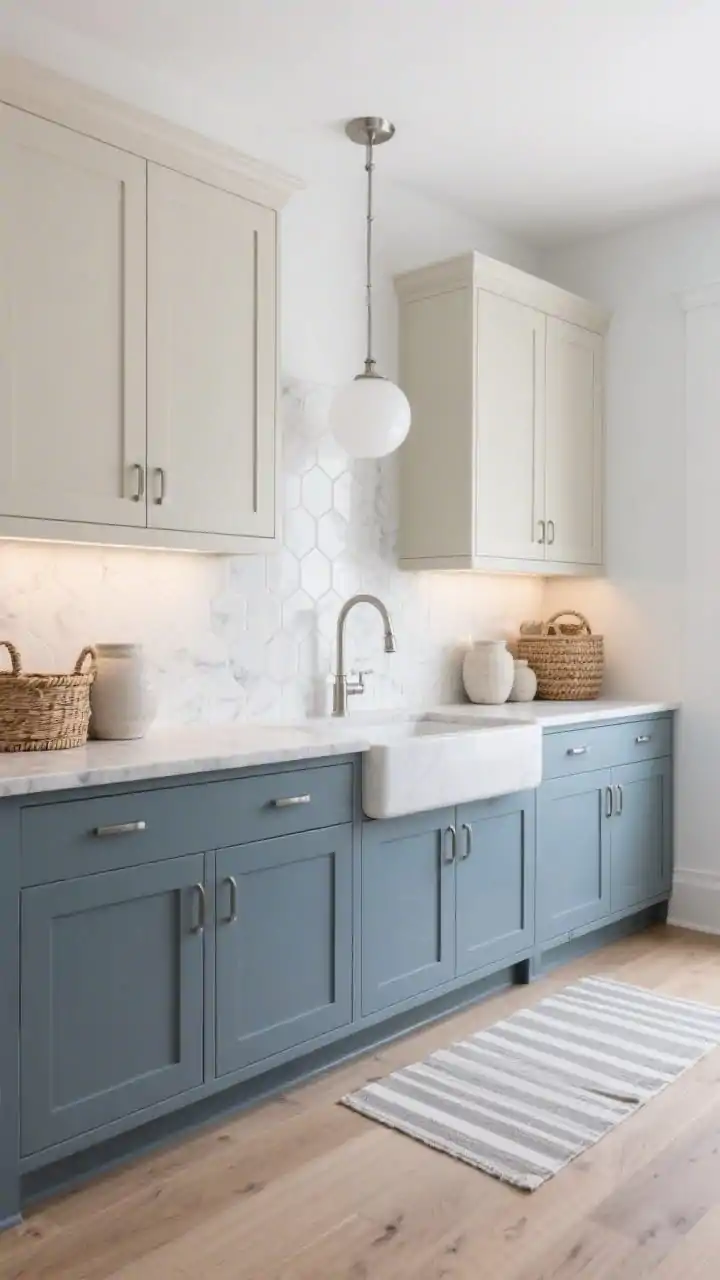 Closeup/medium hybrid, straight-on: Pewter blue base cabinets paired with putty beige uppers and pantry doors; matte nickel hardware throughout; lightly veined quartz countertop. Micro-hex warm white backsplash with pale gray grout; walls in feather-gray white. Wide-plank ash flooring with a soft whitewash visible at the base; opal globe pendants in brushed nickel and a soft under-cabinet LED wash. Styled with chalky neutral stoneware, woven baskets, and a slim striped runner edge; serene, quiet luxury, photorealistic.