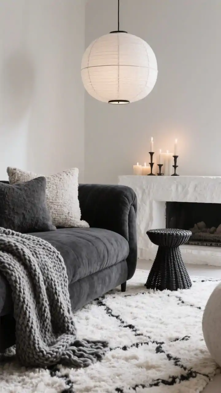 Closeup texture shot, Textured Monochrome Cocoon: A meeting of tactile materials high-pile ivory rug, the arm of a charcoal deep sectional in slub linen, a chunky knit throw, and matte black woven stools; in the background, the edge of a white plaster fireplace and a plaster console; oversized linen drum pendant glow softly above; textured pillows and candle clusters add hush-now coziness; palette of chalk white, ash gray, and soot black; warm, low ambient lighting; photorealistic.