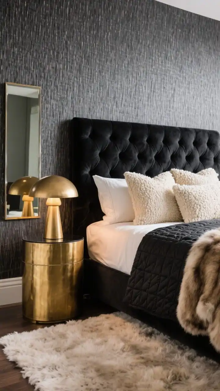 Closeup texture study from bedside: charcoal grasscloth wallpaper showing fine weave; tufted black velvet headboard with plush depth; cream sateen sheets with slight sheen layered under a black quilt and a sable faux fur throw; gold-accented drum table as a nightstand holding a mushroom-shaped brass lamp casting warm, soft light; edge of a smoked mirror reflecting subtly; creamy boucle pillows piled in front; a glimpse of a soft high-pile rug below; cozy-glam warmth, tactile richness.