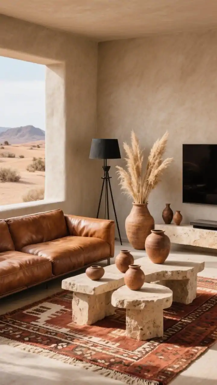 Corner-angle medium shot, Desert Modern Sanctuary: a cognac leather sectional with natural patina set on a flatweave kilim rug in rust, clay, and ivory; warm greige walls with a plaster-look accent behind the TV zone; travertine nesting tables layered near the sectional; blackened iron floor lamp standing beside; earth-toned pottery grouped on the tables; dried grasses in oversized vases adding vertical height; afternoon warm desert light; textures: leather, kilim, travertine, plaster, iron; palette: cognac, clay, sand, blackened iron; photorealistic.