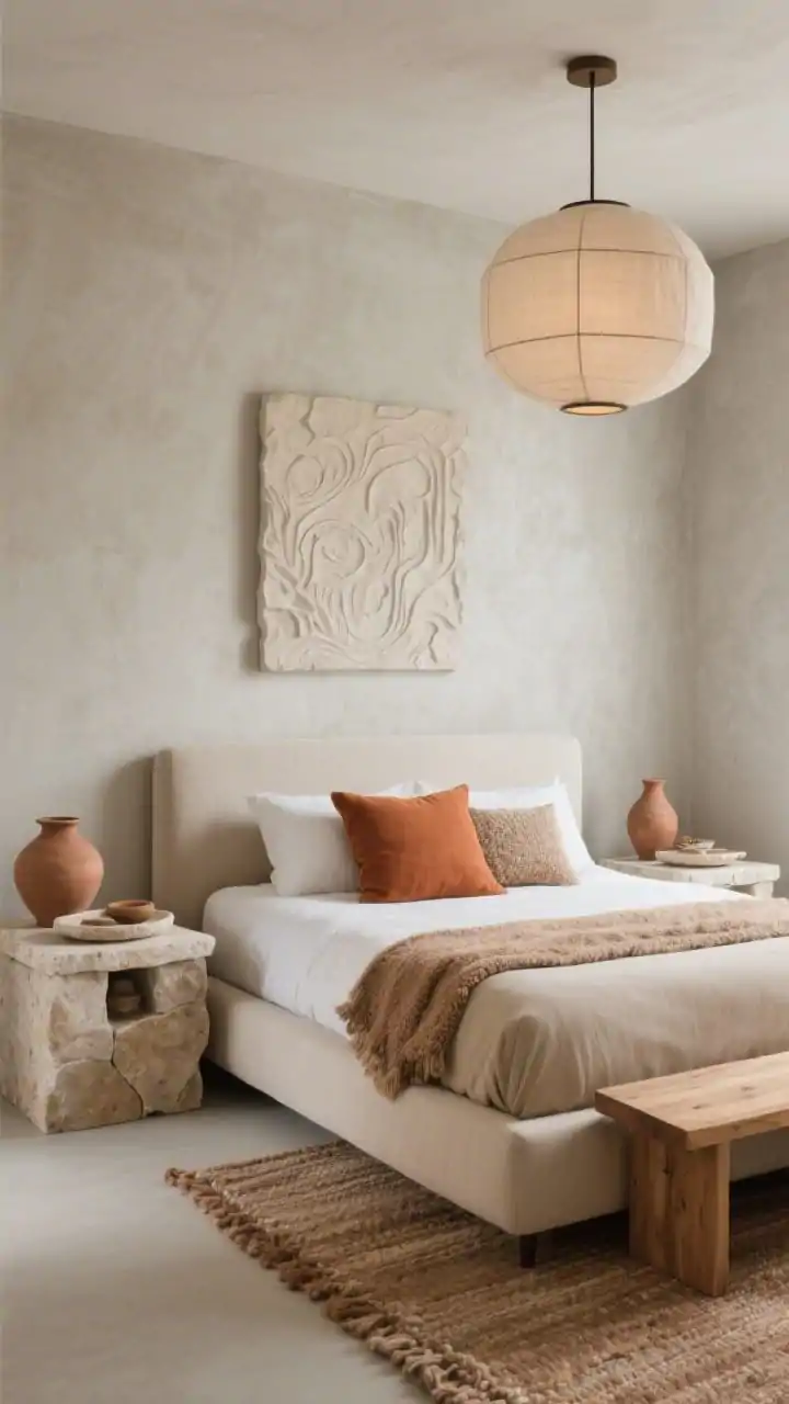 Corner-angle medium shot of an earthy modern bedroom: beige upholstered platform bed, stone-topped nightstands, and a greige limewash wall adding depth; clay vases on a travertine tray, a terracotta lumbar pillow, boucle pillow, and a woven wool rug in warm mushroom tones; an oak bench at the foot; overhead linen drum pendant casting diffused, warm light; palette of greige, mushroom, clay, warm stone; include a textural relief or plaster art piece in creamy neutrals on the wall; organic yet architectural mood, photorealistic.