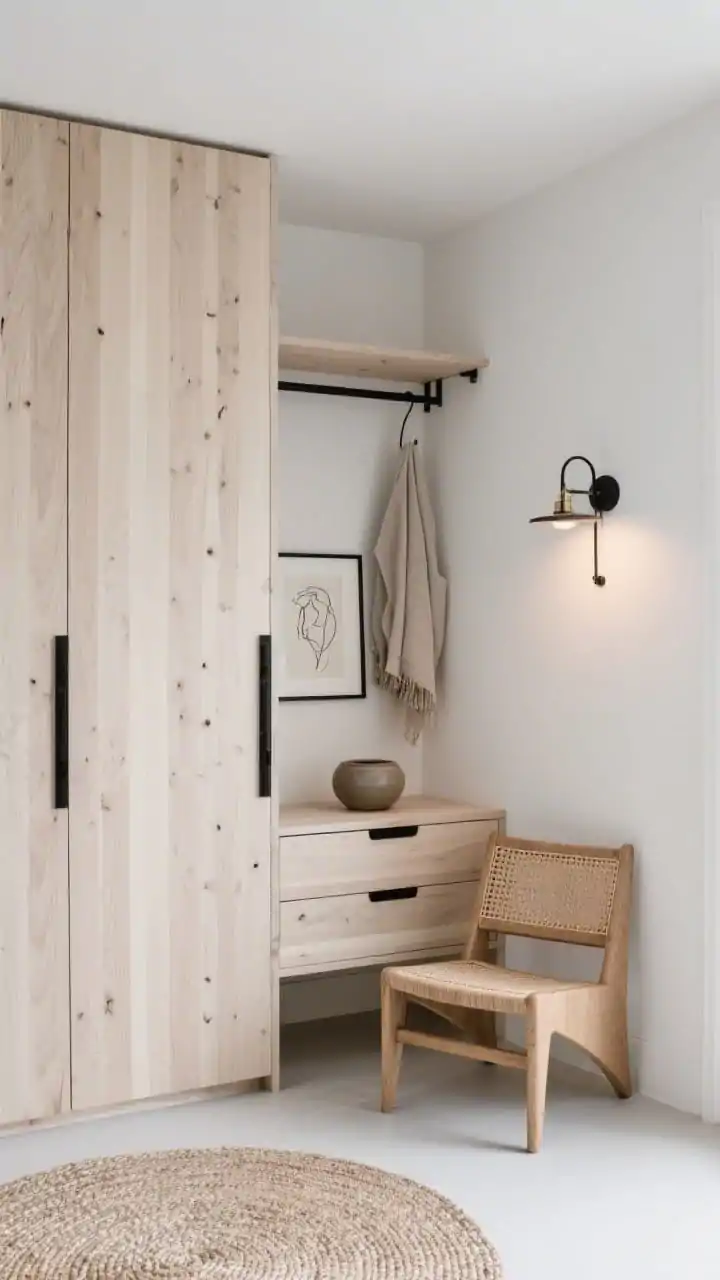 Corner-angle medium shot of an L-shaped wardrobe nook transforming an awkward corner: pale Scandi ash wood doors with vertical grain emphasizing height, slim black tab pulls for contrast; one short arm with shelves and drawers, the longer stretch with hanging space and overhead storage; a petite cane chair and a round jute rug soften the geometry; white walls with inky accents, a pivoting-arm corner-mounted sconce casting warm light; styled with a framed line drawing, ceramic catchall on a shelf, and a textured linen throw; airy, efficient, photorealistic.