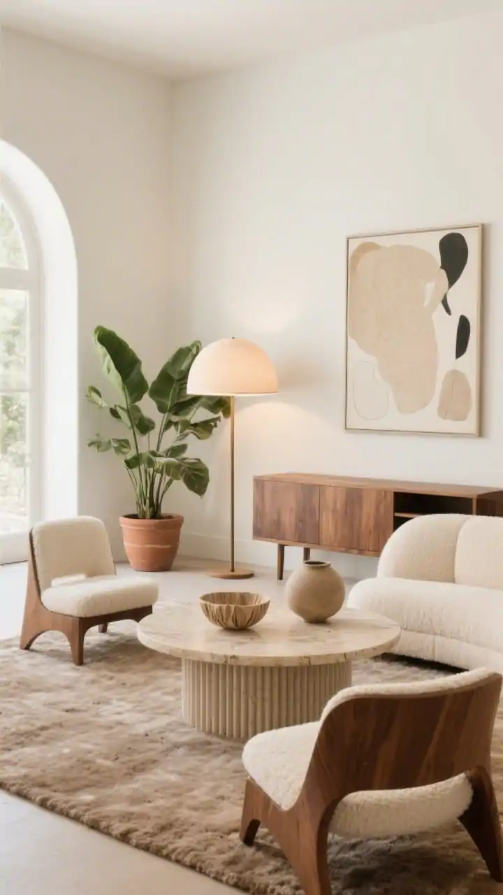 Corner-angle medium shot, Organic Modern: A curved beige bouclé sofa facing an oval travertine coffee table on a mushroom-toned micro-plush rug; warm white walls; a pair of sculptural accent chairs in walnut and cream frame the composition; minimal tactile decor paper mâché bowls and a chunky ceramic vessel on the table; oversized abstract art in soft neutrals and a low-profile ribbed-wood media console in the background; arched floor lamp with a domed shade on soft-glow dimmers; large-leaf greenery in terra-cotta planters anchors corners; palette of cream, beige, mushroom, walnut; gallery-worthy yet cozy, photorealistic.