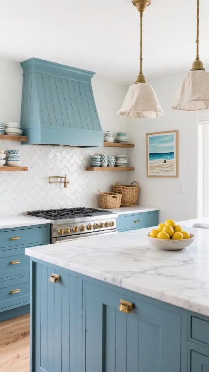 Corner-angle wide shot of a coastal kitchen: matte ocean-blue lower cabinets, white oak fluted panels wrapping a peninsula with a waterfall detail, soft brass pulls, white zellige tile backsplash with handmade ripples; open shelving along one wall with neatly stacked ceramics and woven baskets; range hood clad in matching fluted wood; white quartz countertops with faint gray wave veining; linen pendant lights above, coastal art and a bowl of lemons for styling; bright, beachy, forever-summer mood, photorealistic, no people.