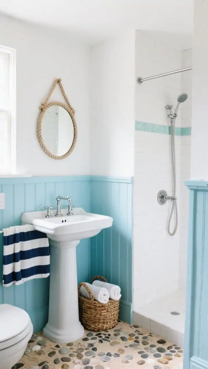 Corner medium shot, coastal capsule ensuite: lower walls clad in powder-blue beadboard with crisp white paint above; narrow pedestal sink keeping footprint light; curtain-fronted cabinet in navy-and-white ticking stripe beside the sink; shower with classic white subway tile and soft sea-glass tinted grout; brushed nickel fixtures; rope-framed round mirror over the sink; woven baskets with rolled towels; pebble mosaic floor evoking sandy shore; bright, breezy daylight, nautical simplicity without kitsch, photorealistic.