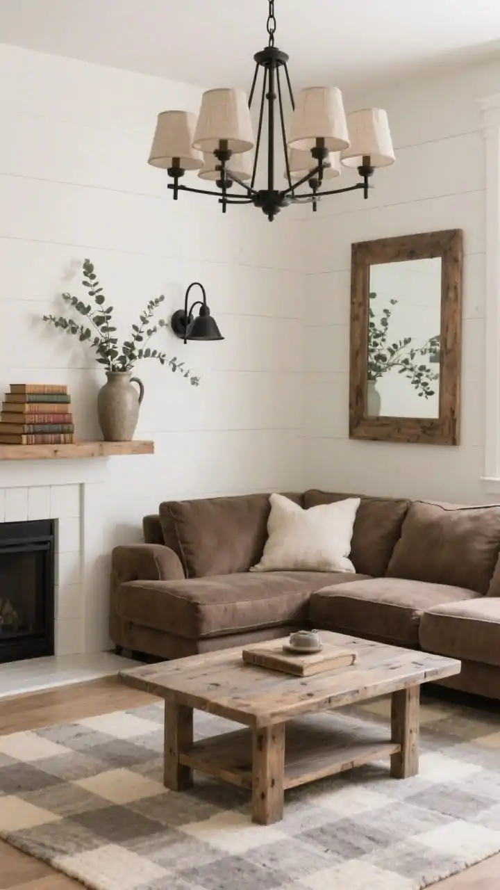 Corner medium shot, Modern Farmhouse Warmth: deep, squashy sectional in warm taupe; planked weathered-oak coffee table; subtle gray-beige plaid rug; simple black metal sconce above a stack of vintage books and a stoneware jug on a side surface; mantle or shelf with a wood-framed mirror and tucked eucalyptus stems; aged iron accents including an iron chandelier with linen shades; layered cozy warmth, photorealistic.