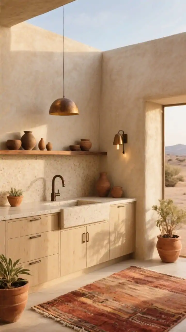 Corner wide shot, Desert Modern: sand-colored microcement/limewash walls, lower cabinets in sunbaked beige with integrated pulls, textured oatmeal-toned quartz countertops, dark bronze fixtures and sculptural bronze faucet, open walnut shelf with earthy pottery, terracotta planters and a low rug with rust and clay tones, low-profile bronze sconces and a single dome pendant, golden-hour mood with warm directional sunlight, materials-focused, streamlined and earthy.