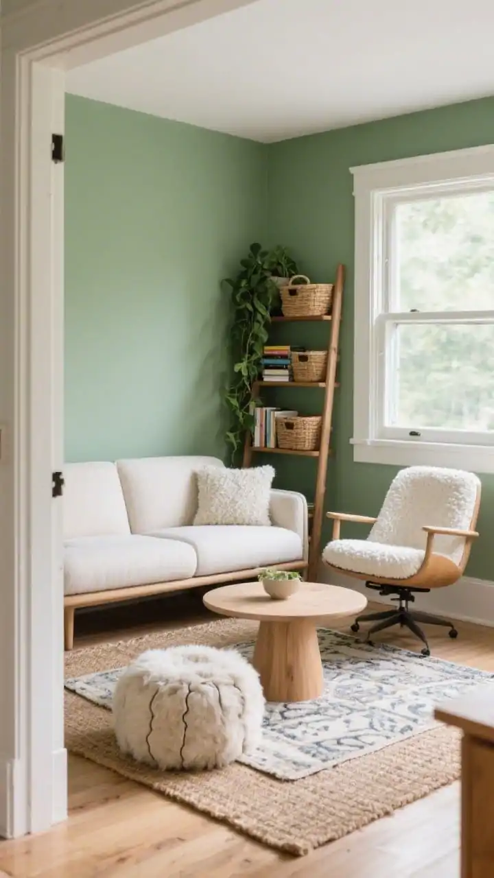 Cozy corner nook, medium shot from the doorway: a two-seat loveseat tucked into the brightest corner against sage green walls, paired with a swivel chair opposite for pivoting toward the window or TV. A round pedestal coffee table maximizes legroom. A plush sheepskin pouf doubles as extra seating. Light oak accents and ivory boucle textures throughout. Storage via a corner ladder shelf holding baskets, books, and a trailing pothos. Layered rugs: a 6x9 jute base topped with a smaller patterned wool rug. Photorealistic, afternoon natural light, intimate and thoughtfully snug mood.