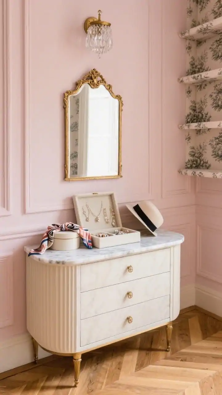Detail closeup: A Parisian apartment jewel box vignette showing soft blush walls with delicate molding profiles on cabinet fronts. A petite marble-topped built-in with fluted drawer fronts holds jewelry and silk scarves, with ribbon-tied hat boxes nearby. Above, a vintage-inspired gilt mirror reflects light from a small crystal flush-mount ceiling fixture. Fabric-backed shelves in subtle toile peek in the background. Flooring shows herringbone engineered wood. Colors: blush, cream, antique brass, marble white. Photorealistic, no people.