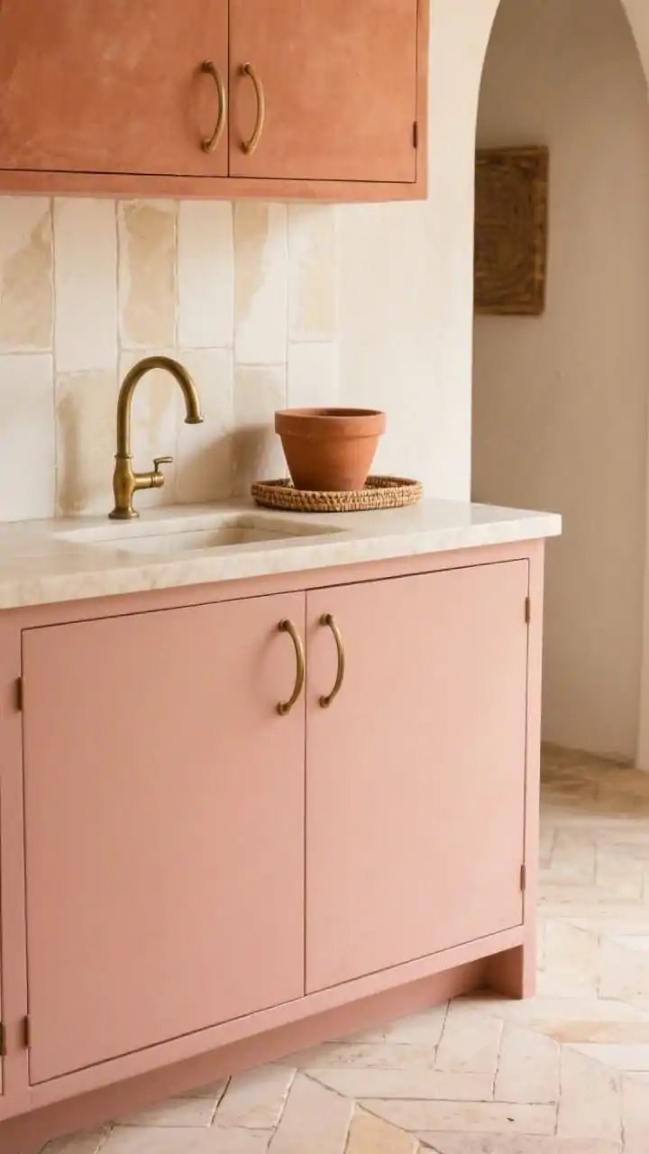 Detail closeup: A vignette of matte soft clay pink lower cabinet meeting a muted terracotta upper, joined by creamy quartz countertop; antique brass curved hardware catching warm light. Behind, hand-painted cream tiles with subtle tonal variation; nearby accents include a terracotta planter and woven tray edge, with a glimpse of light limestone-look porcelain herringbone floor; warm neutral wall softly blurred; cozy modern Mediterranean feel, photorealistic.