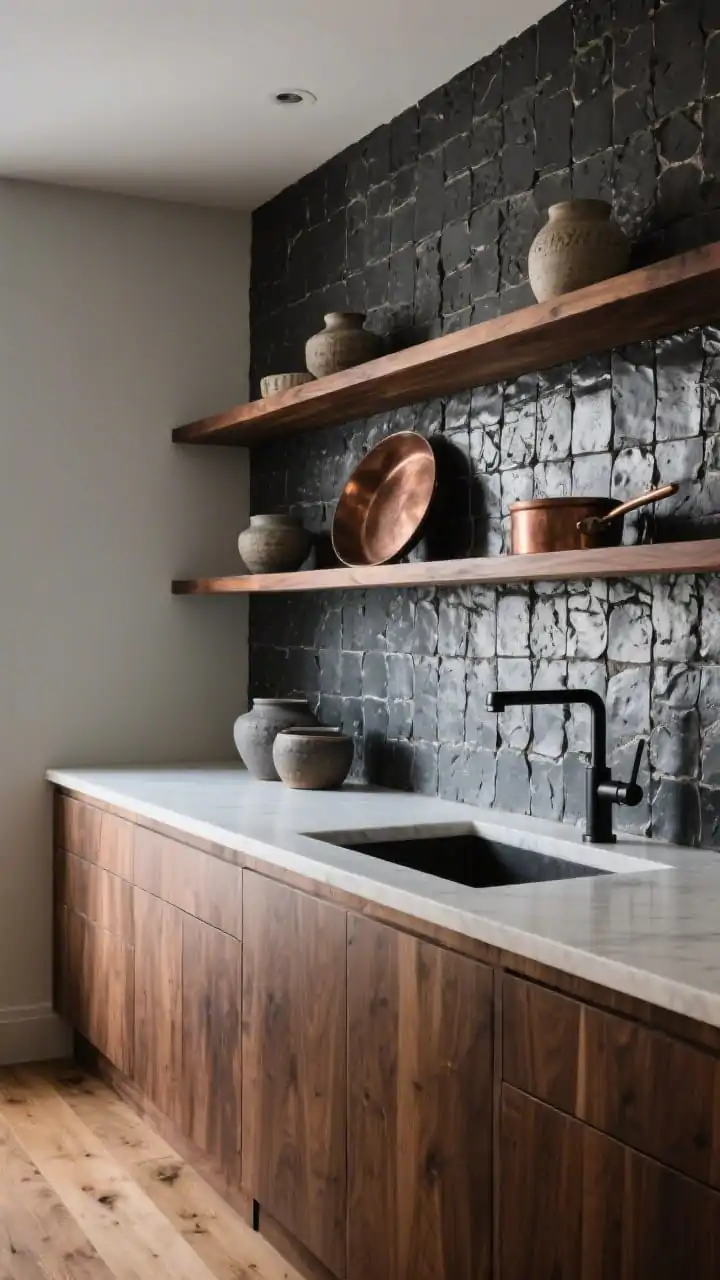 Detail closeup angled from the side, focusing on textured charcoal Zellige tiles climbing to the ceiling behind floating walnut shelves. Show the handmade uneven surface catching light, with curated stoneware and copper pans on the walnut shelves. Include a hint of warm walnut base cabinets below, a matte black tap, and a soft white quartz countertop edge. Wide-plank oak flooring subtly visible. Photorealistic, moody, artisanal texture highlighted with soft, directional light.