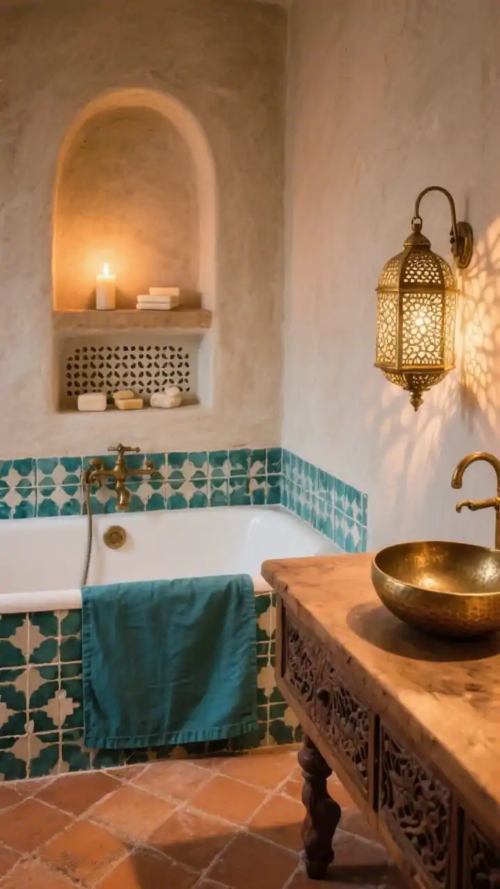 Detail closeup, angled: The face of a compact apron tub wrapped in teal-and-ivory zellige tile meeting a warm handmade terracotta tile floor; softly glowing limestone plaster wall catching candlelight; an arched niche above the tub holding soaps, and the perforated pattern of an antique brass lantern casting lacey shadows; carved wood vanity edge and a glimpse of a hammered brass vessel sink; rich texture and pattern focus, warm ambient evening light, photorealistic.