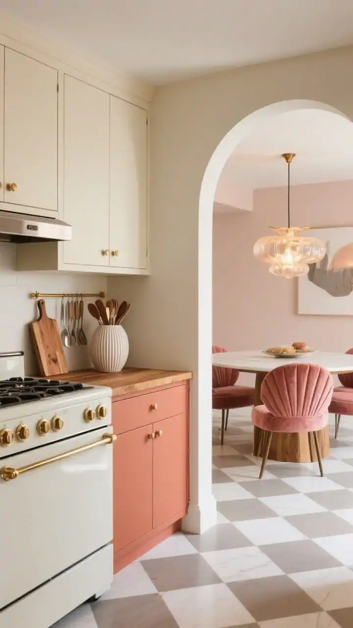Detail closeup at a corner angle, Retro Revival palette and curves: buttermilk uppers with terra-cotta lower cabinets topped by warm butcher-block; a gleaming cream range beside a simple brass rail neatly holding utensils; matte checkerboard floor in warm white and mushroom gray leading toward the dining zone; glimpse of a round pedestal table with velvet shell chairs in clay pink; a swirled glass pendant overhead casting warm evening light reflections on nearby surfaces; textures of velvet, butcher block, and ribbed ceramic vase; palette of cream, terra cotta, clay pink, soft gray; playful yet modern, no people, photorealistic.