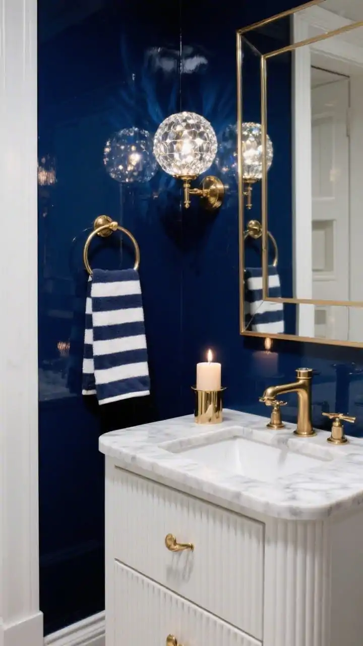 Detail closeup capturing glam navy sheen: high-gloss navy wall reflecting light; white lacquer petite vanity with fluted drawer fronts and marble-look quartz top; polished brass faucet; beveled rectangular mirror with subtle champagne frame; crystal-tinged globe sconce sparkling above; styled navy-and-white stripe towel and a glossy candle; warm highlights contrasting with cool navy for a dramatic, night-out vibe, photorealistic.