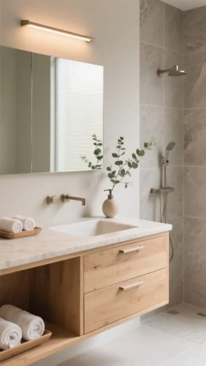 Detail closeup capturing Japandi calm: light oak vanity with flat-front drawers and slim integrated pulls topped by a creamy quartz counter; pale mushroom/greige wall in the background; bar light over the mirror softly illuminating textures; open wood shelf under the vanity styled with neatly rolled towels and trays; ceramic soap pump and a sprig of eucalyptus; hint of large-format stone-look porcelain shower with barely-there grout lines; soft diffused daylight for a warm, minimal serenity, photorealistic.