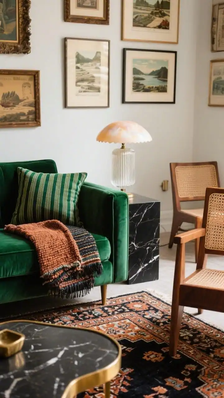 Detail closeup, color-confident collector’s room: a tight vignette of the velvet emerald sofa arm with layered textiles striped lumbar, velvet square, and a woven throw set against a glimpse of a vintage kilim rug below. In the mid-ground, partial views of a mid-century wood-framed chair and a rattan lounge chair create mixed silhouettes. Surfaces include a patinated brass coffee table edge and a black marble side table corner catching light. Background hints of a gallery cluster of travel prints and thrifted art in mixed frames. Palette of emerald, rust, inky black, and warm brass. Photorealistic, soft glowy light from an opalescent mushroom lamp and a ribbed glass sconce, richly textured and curated.