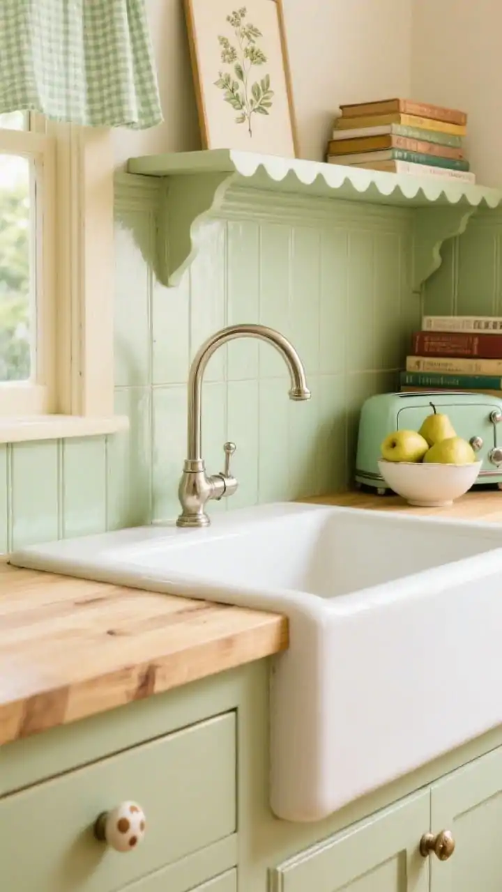 Detail closeup, cottage core backsplash and hardware: pistachio-painted beadboard backsplash in semi-gloss with gentle sheen, light golden-oak cabinet face with ceramic mushroom knob, buttercream butcher block edge. In frame: polished nickel bridge faucet arching over the sink, scalloped edge shelf above with small botanical art, a hint of gingham cafe curtain, mint-green toaster corner, stacked cookbooks, and a bowl of pears. Soft morning light, cheerful and cozy; photorealistic.