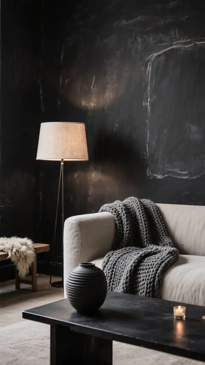 Detail closeup, Cozy Minimalist With Linen Sofa And Chalky Black Limewash: Intimate, tactile shot capturing chalky black limewash wall catching soft, low lamp light. Foreground: the corner of a stone-colored linen sofa with a chunky knit throw pooled on the seat. A low blackened steel coffee table edge with a ribbed ceramic vase; a charcoal sheepskin draped over a nearby bench barely entering frame. A linen-shaded floor lamp creates a gentle glow; tiny tea lights reflect subtly on the limewash texture. Palette: chalk black, stone, bone, blackened steel; emphasis on tone-on-tone layers.