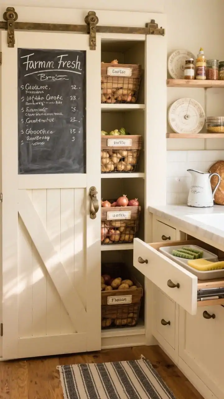 Detail closeup, Farmhouse Fresh pantry: sliding barn-style pantry cabinet door with chalkboard panel featuring handwritten grocery list; inside, labeled wooden crates on full-extension slides with produce, wire baskets for onions and potatoes, and lazy Susans with condiments; buttermilk cream cabinetry, aged bronze latches and retro bin pulls; nearby tilt-out sink tray open with sponges; styling hints include striped runner edge, vintage bread box and enamel pitcher on adjacent open shelf; warm, cozy daylight with gentle shadows.