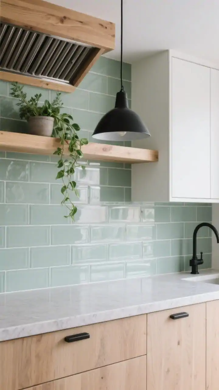 Detail closeup focusing on textures and lines: soft sage stacked-glass tile backsplash in a precise linear grid with gentle gleam; adjacent flat-front white oak cabinet door in a natural finish; light concrete-look quartz counter edge; matte black hardware; a ribbed oak range hood detail at top of frame; potted herbs and a trailing pothos on a minimalist oak shelf; hint of a black linear pendant reflected in the glass. Photorealistic, calm and modern-organic mood, shallow depth of field, straight-on tight framing.
