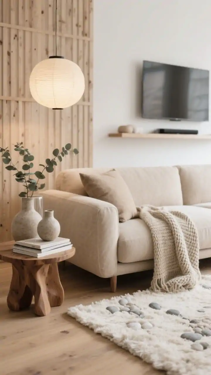 Detail closeup focusing on textures, warm Nordic style: pebble-beige chaise sectional with soft rounded arms and plush bench cushions, shot tight on the corner where it meets a fluffy cream rug and light oak flooring. Include a glimpse of the pale oak slatted media wall with floating shelf and frameless TV softly blurred in background. Foreground accents: knit throw draped over the chaise, stoneware vases and a stack of linen-bound books on a small sculpted wood coffee table edge; a sprig of eucalyptus in a glass cylinder catching diffused glow from a paper lantern pendant. Palette: pebble beige, cream, natural oak, warm taupe. Photorealistic, calm, tactile.