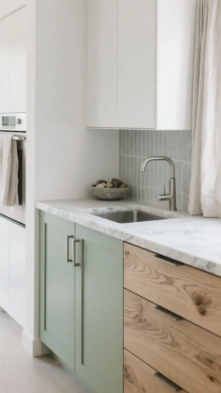 Detail closeup “Forest Edge Minimal”: muted sage base cabinet front beside rippled oak drawer fronts, cool soapstone-look quartz counter with quiet veining; vertical-stack pale gray porcelain backsplash tiles adding subtle texture; brushed stainless low-profile pull, edge of a deep single-bowl sink; soft white wall in background, panel-ready appliance flush with cabinetry; linen café curtain edge and a shallow bowl of smooth river stones on counter; tranquil, spa-like mood with diffused daylight; no people.
