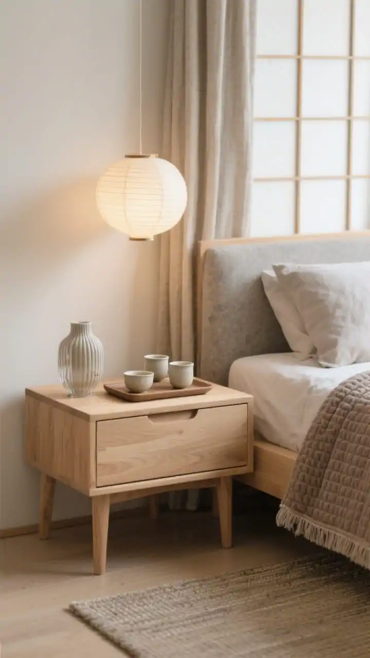 Detail closeup from a Japandi bedside scene: light oak low-profile nightstand aligned with a matching light oak bed; stone-colored bedding draping cleanly with a taupe waffle blanket edge visible; shoji-inspired curtains softly diffusing light in the background; a paper lantern pendant glow reflected on smooth ceramics ceramic tea set on a tray and a ribbed glass vase beside it; oat, stone, blonde wood, ecru palette; tatami-look rug texture peeking at the bottom; serene, clutter-free composition, photorealistic.