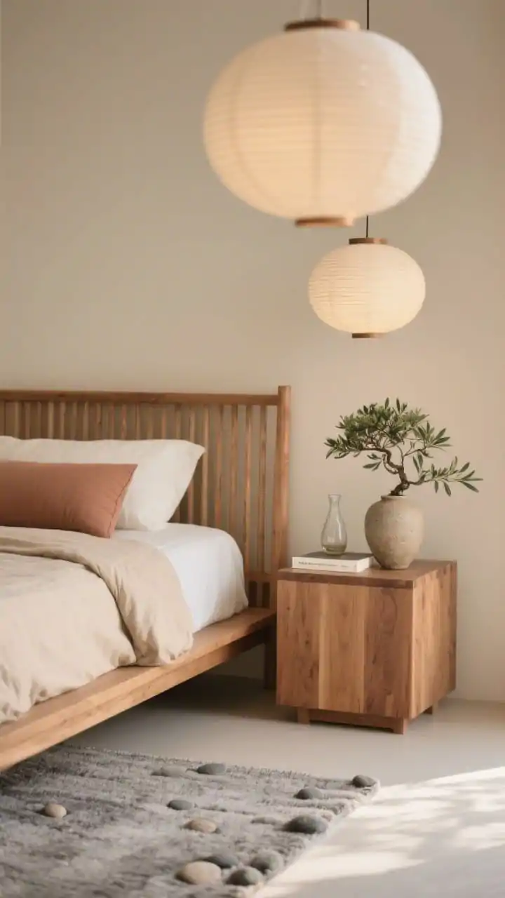 Detail closeup from bed height in a Japandi calm bedroom: focus on a low platform bed with a simple wood slat headboard in light walnut, duvet in oat with a single oversized bolster in muted clay, textured wool rug in pebble gray beneath. Background softly shows warm putty beige wall, floating Scandi-style wood cube nightstand with lip holding a single book and carafe, and a diffused paper lantern pendant overhead out of focus. One small bonsai or olive branch in a handmade stoneware vase adds organic form; soft natural daylight, serene negative space, photorealistic.