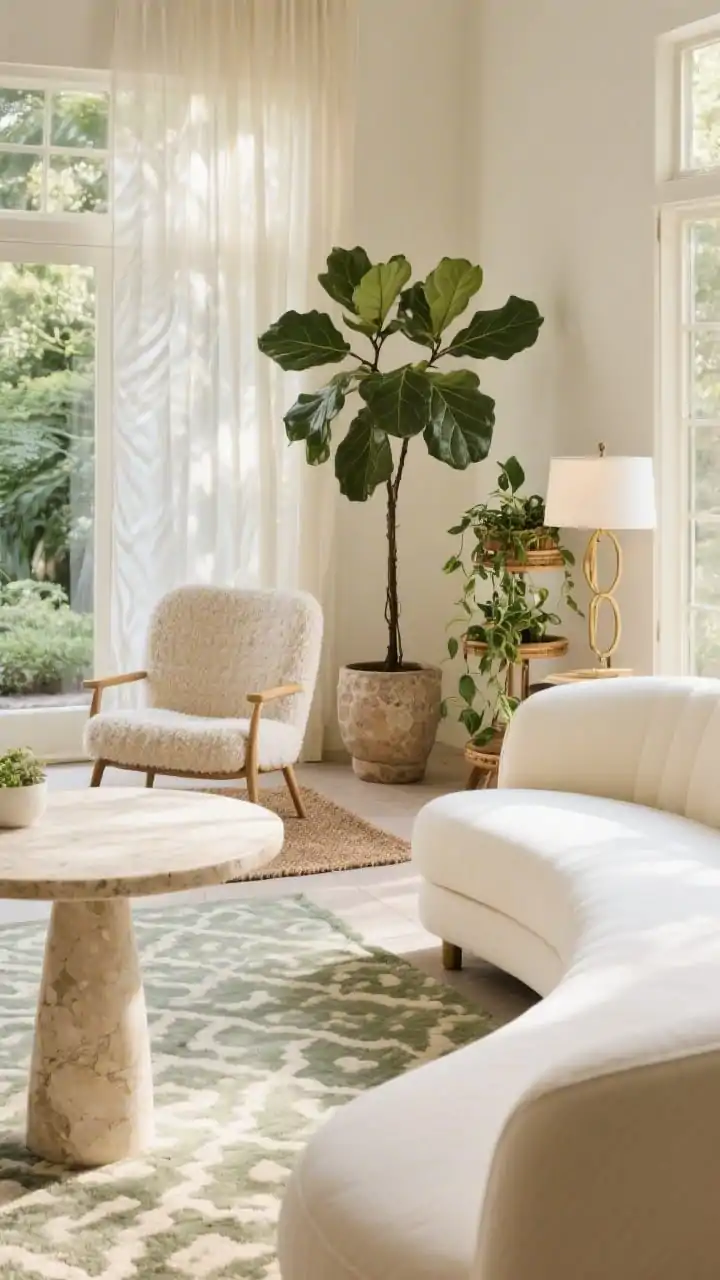 Detail closeup, Indoor Garden Sunroom textures and flow: A sunlit vignette showing the rounded edge of a curved cream sofa facing the rim of a round travertine pedestal table; nearby, the nubby texture of a sculptural bouclé accent chair catches the light, while a slim cane lounge chair sits angled to preserve a clear 30–36 inch walkway; in the corner, a tall fiddle-leaf fig in a textured planter and a tiered plant stand with trailing pothos beside a reading lamp; layered rugs a patterned sage-and-ivory base with a smaller natural fiber rug under the plant corner highlight zones; sheer ripple-fold drapes wash the room in soft daylight; palette of creams, sage, warm stone, with subtle brass accents; shallow depth of field emphasizing materials and gentle curves.