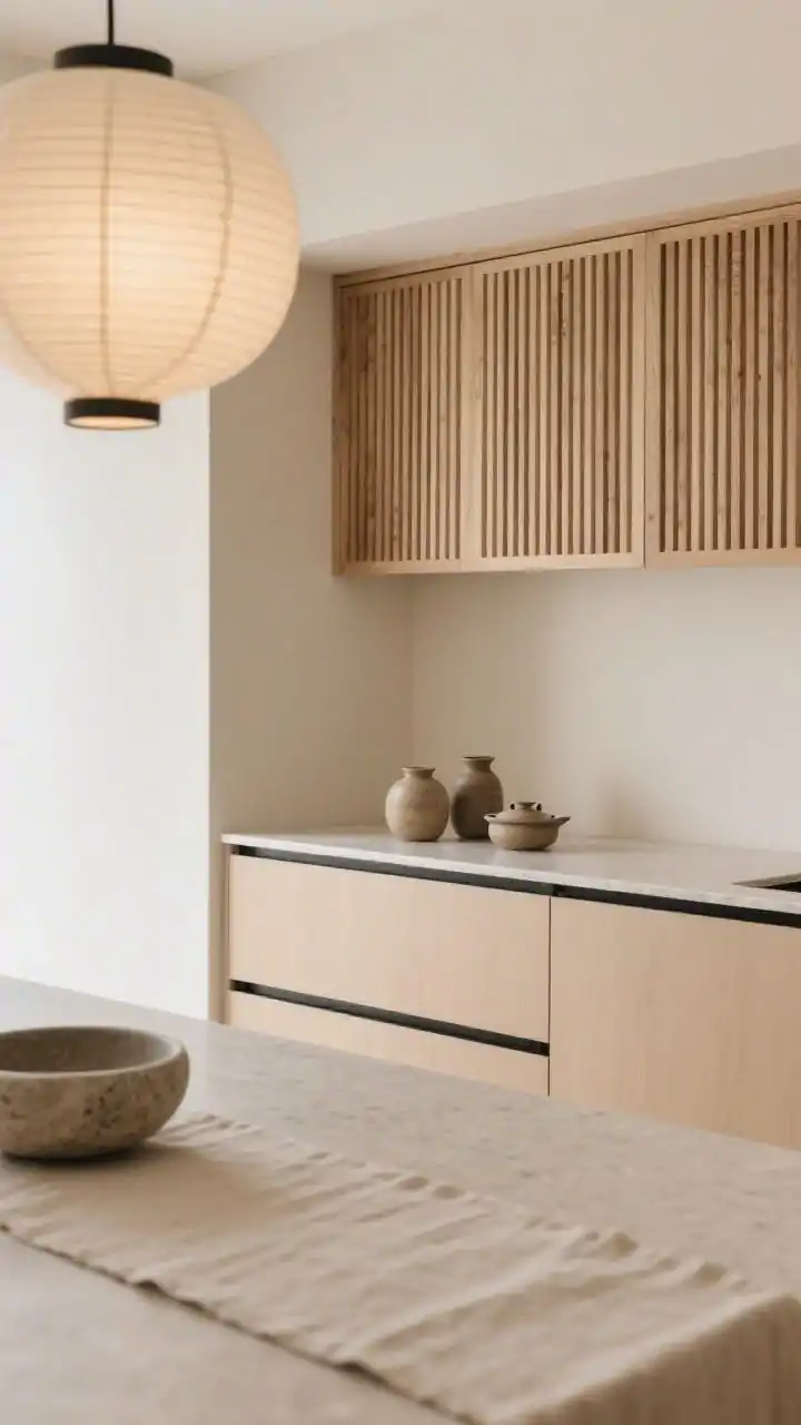 Detail closeup, Japandi Beige textures: slatted oak upper panels with crisp vertical grain next to smooth beige slab-front lower cabinets, soft mushroom stone-look quartz countertop edge, matte black edge pulls, oversized paper lanterns softly glowing out of focus above, styled with ceramic tea vessels, a shallow stone bowl, and a linen runner, low visual noise, calm neutral palette, gentle diffuse daylight.