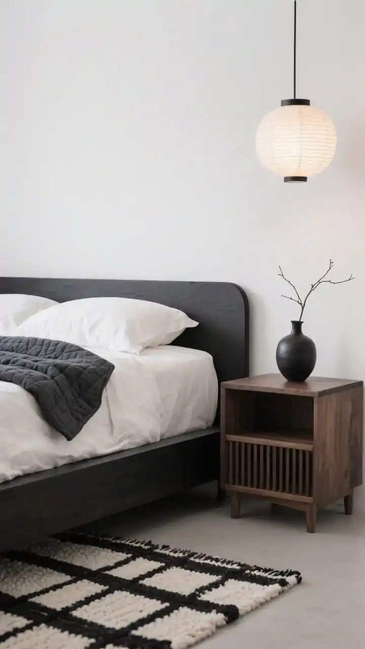 Detail closeup, Japandi Calm With Graphite Accents: focus on the corner of a low platform bed in black-stained oak with rounded edges, dressed in stonewashed white linen; a neatly folded graphite quilt at the foot; adjacent slatted wood nightstand with open shelf holding a single black ceramic vase with a simple branch; soft white wall backdrop; the edge of a flat-weave wool rug in a subtle black-and-ivory grid peeking in; diffused glow from a paper lantern pendant overhead; serene, minimal, photorealistic.