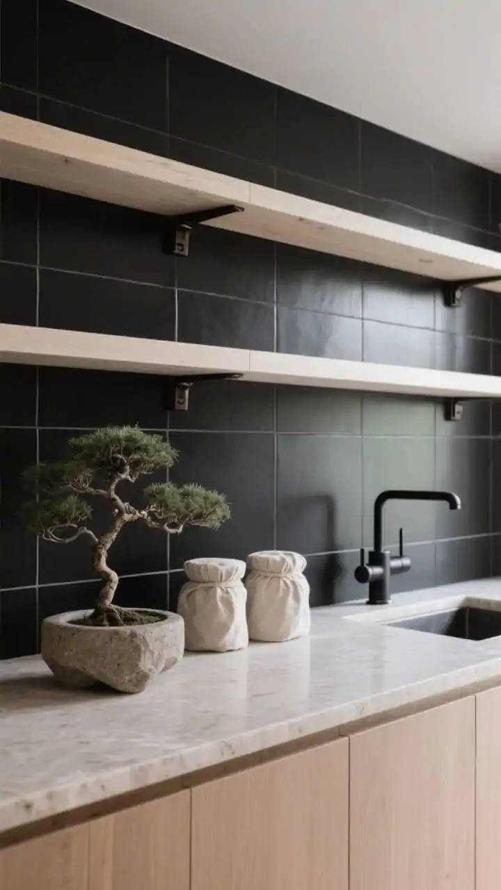 Detail closeup, Japandi serenity: large-format black porcelain tiles with minimal grout forming a smooth, continuous plane behind open shelving; ribboned white oak shelving with integrated pulls below; warm limestone-look quartz counter edge; restrained styling stone mortar, a single bonsai, linen-wrapped canisters; soft, diffused daylight; subtle wall-mounted black pot filler visible at edge; emphasis on negative space and natural textures; photorealistic macro texture capture.