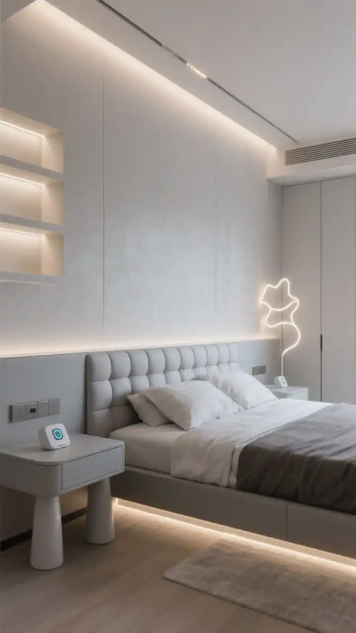 Detail closeup, low-angle modern tech vignette: Dove gray wall with a padded channel-tufted headboard spanning the width, illuminated by integrated LED cove lighting above and backlit niches replacing nightstands. A matte-lacquer low platform bed appears to float with touch-dim strip lights glowing beneath. Porcelain side tables in soft gray feature wireless charging. Handle-less seamless wardrobes fade into the background. Minimal LED light sculpture as the statement art. Subtle, even ambient glow for a cozy, futuristic mood; photorealistic.