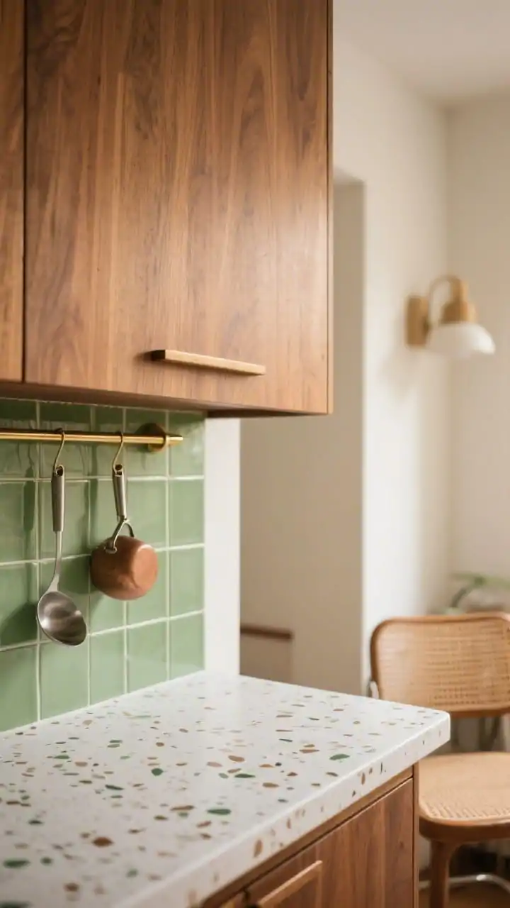 Detail closeup, Mid-Century Earth Tones: flat-front teak cabinet face with recessed pull adjacent to a soft avocado-green stacked-grid tile backsplash; white terrazzo countertop with brown and green flecks in crisp focus; slim brass pot rail with a couple of hanging utensils grazing the frame; cane-back bar stool texture slightly blurred in background; warm, cheerful ambient light, eye-level macro composition, photorealistic.