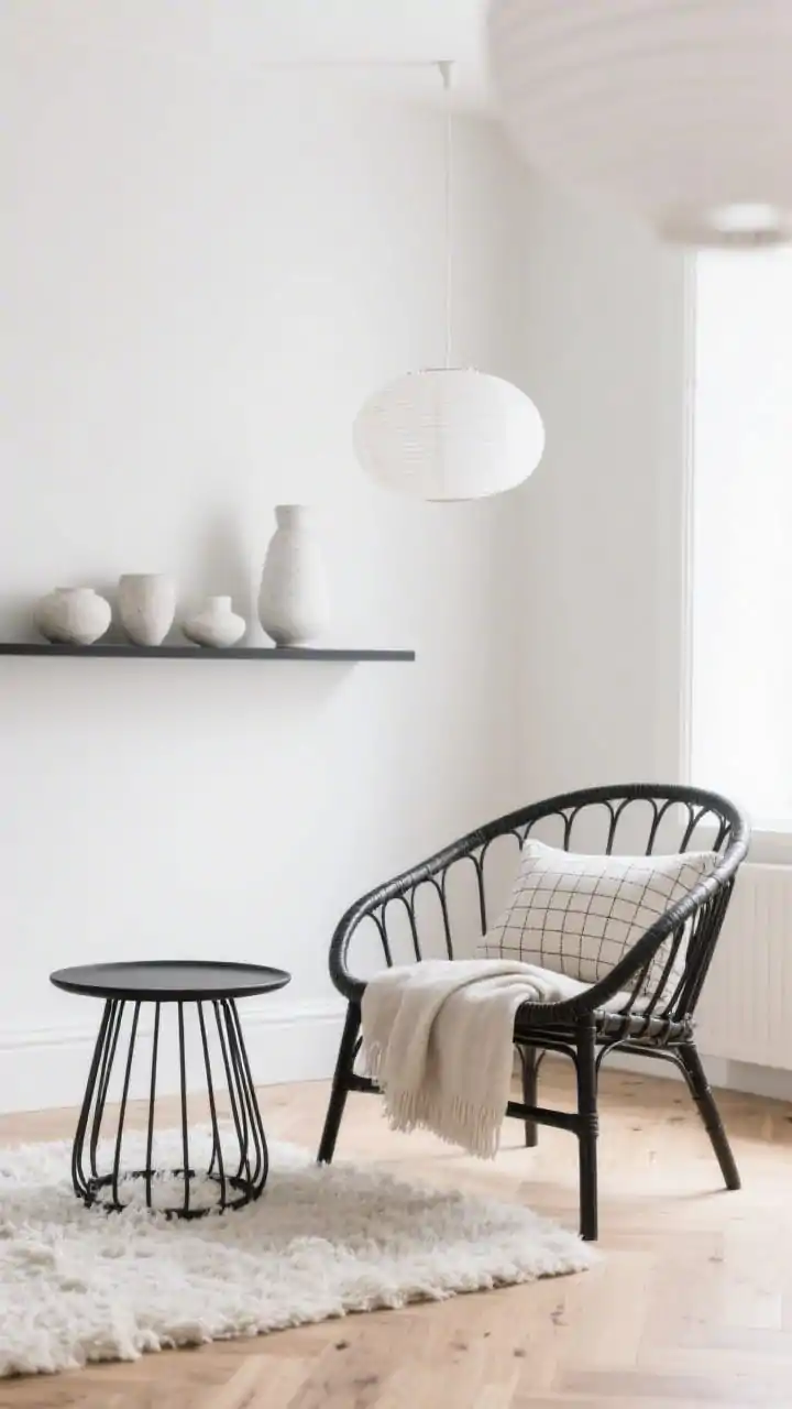 Detail closeup, Minimal Scandi Sanctuary: A soft white wall and pale oak floor vignette with a slim black shelf holding curated matte stoneware in chalky white tones; in the foreground, an ivory shag rug meets the leg of a spindle lounge chair with a thin black frame; a round black wire coffee table holds a single linen throw and a pillow with a subtle micro-grid print; a paper lantern pendant blurred above; warm whites, gentle black accents, and natural light oak; bright natural daylight; photorealistic.
