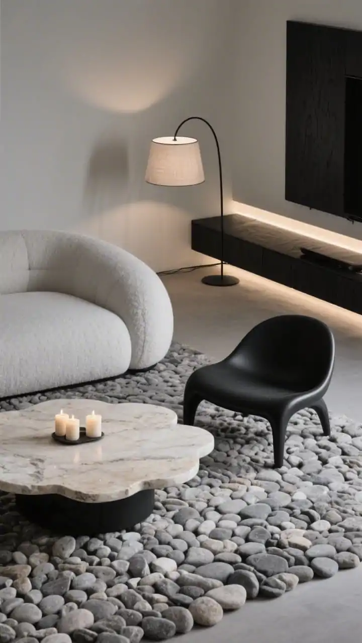 Detail closeup, Modern Monochrome With Curves And Cloudy Textures: A tight, photorealistic vignette showing the pebble-textured rug meeting a round travertine coffee table, with the edge of a cloud-like pearl gray sectional and a curved black accent chair entering frame. Indirect lighting: soft glow from an arc lamp with a fabric shade out of frame and an LED strip wash behind a low black ash media console, plus a small cluster of votive candles on the travertine. Palette: matte black, pearly gray, travertine beige; focus on curved silhouettes and rounded edges; low, ambient lighting.