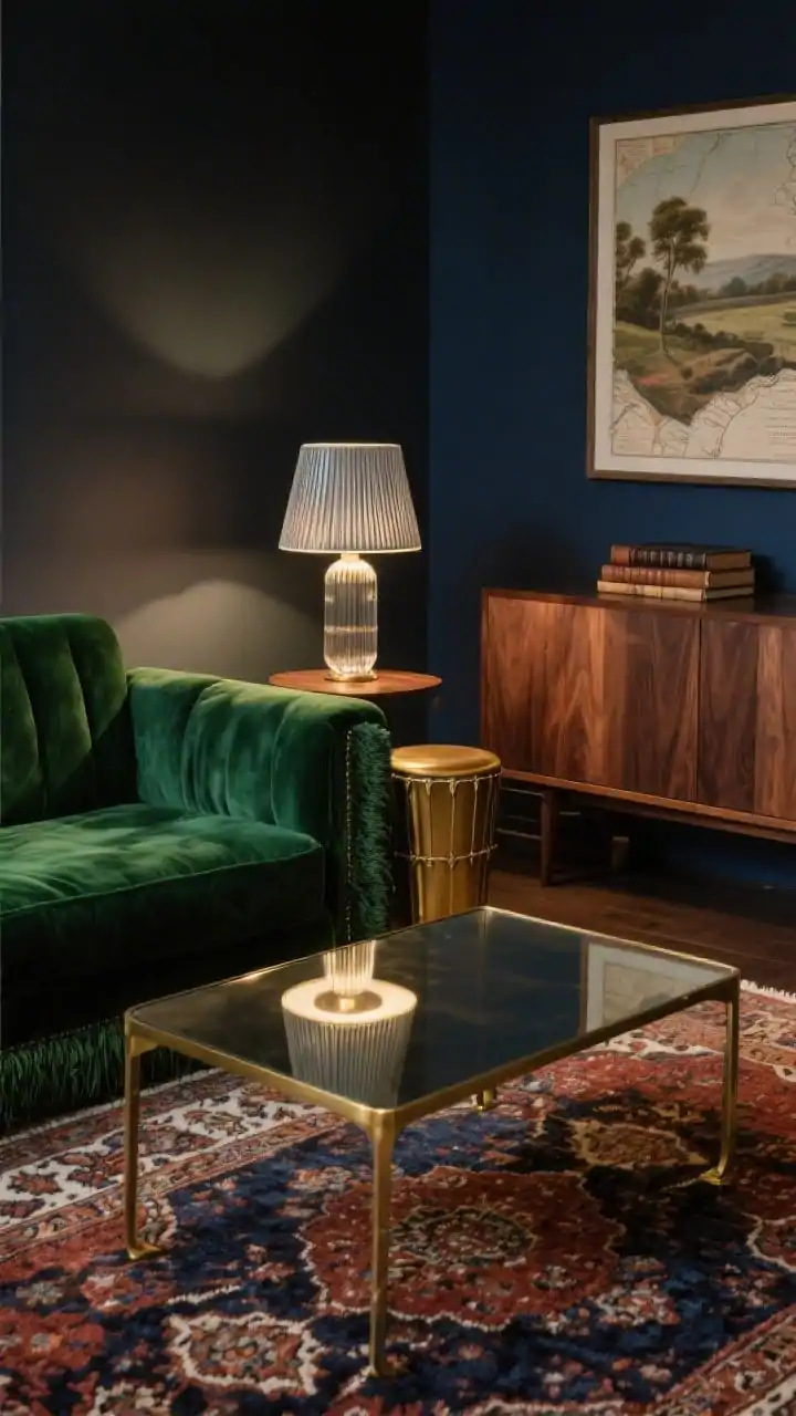 Detail closeup, Moody Walnut & Velvet Lounge: a rich forest-green velvet sofa edge with visible pile, next to a warm walnut credenza corner; foreground shows a low glass-and-brass coffee table with reflections, atop a hand-knotted Persian-style rug in rust, navy, and cream; a small brass drum side table glows softly; layered lamplight from a ribbed glass table lamp creates moody highlights; include leather-bound books and the corner of a framed vintage map/oil landscape; palette of forest green, walnut, brass, taupe, inky blue; textures of velvet, wool rug, glass, patinated metal; photorealistic, intimate evening lighting.