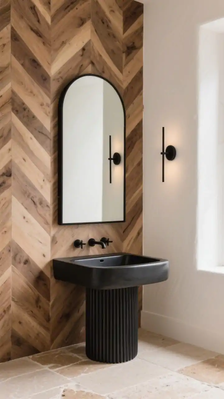 Detail closeup, oblique angle: A herringbone oak feature wall behind a fluted black pedestal sink. An arched black mirror reflects soft off-white plaster walls. Matte black fixtures and slimline wall sconces cast gentle, focused light. The stone-look porcelain floor in warm beige peeks at the bottom edge. Emphasis on wood pattern, fluted texture, and refined contrasts; photorealistic.