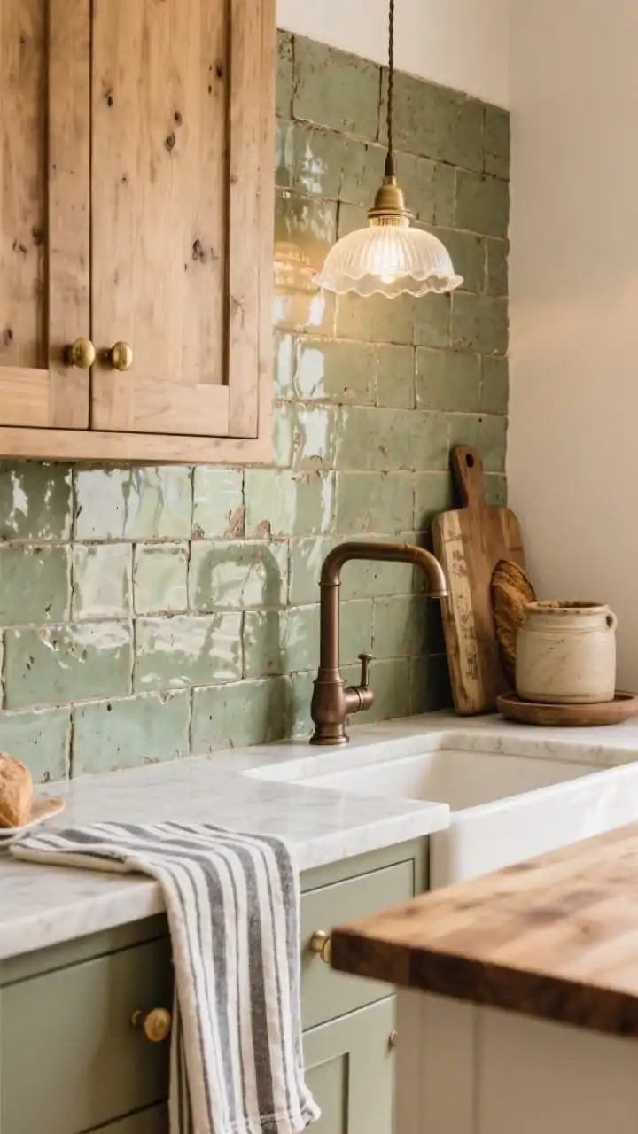 Detail closeup of earthy modern farmhouse textures: handmade-look sage zellige backsplash with varied tones and slight imperfections, medium-oak shaker cabinet front with antique brass cup pull, creamy honed quartz perimeter counter meeting a butcher block island top. Include milk-glass schoolhouse pendant glow reflected on tiles, striped linen runner edge, oversized ticking-stripe towel fold, vintage bread boards leaning, ceramic crock, and an oil-rubbed bronze faucet neck in frame; soft, warm lighting; photorealistic.