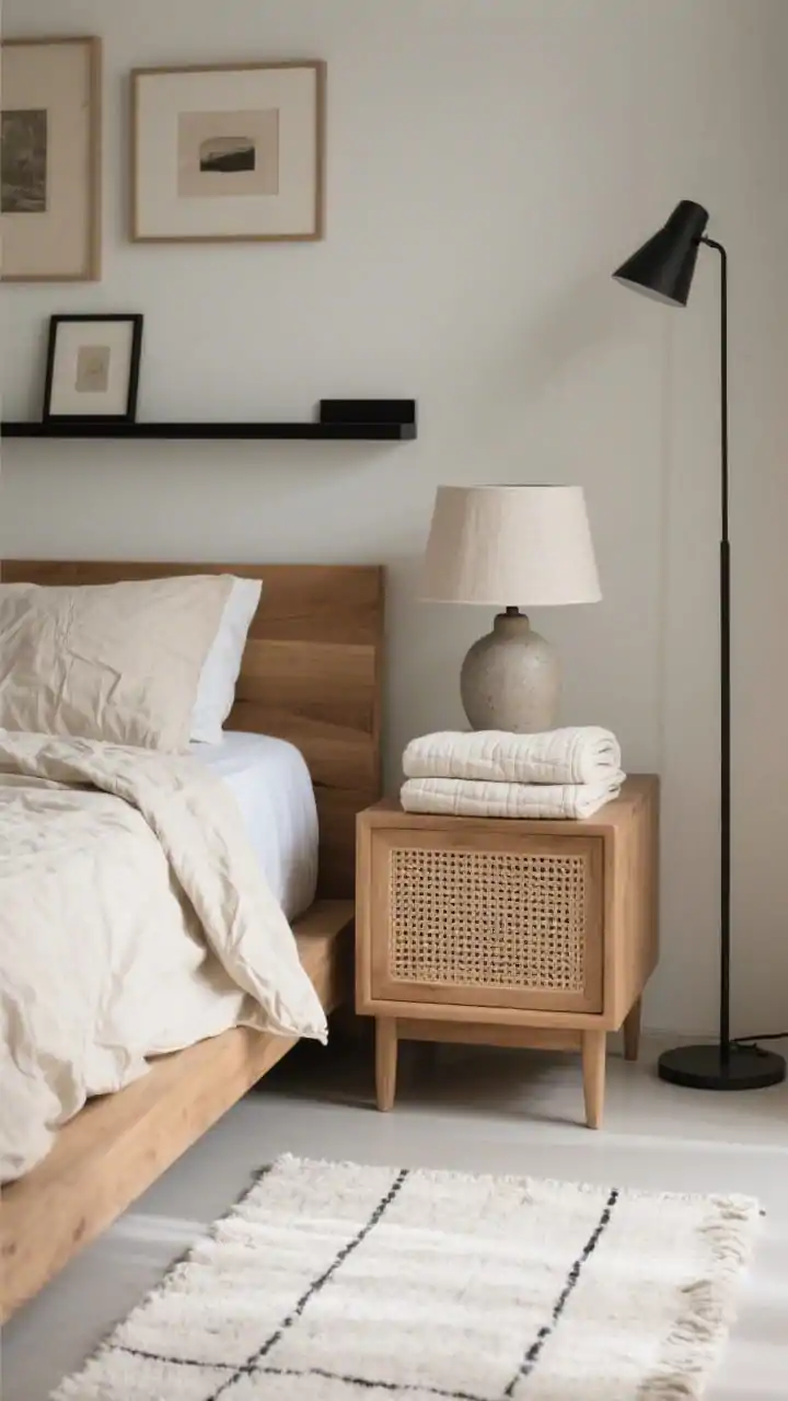 Detail closeup of Japandi layers and ink lines: ecru linen duvet with crinkled cotton sheets folded back on a low-profile platform bed in natural oak. In frame: stoneware lamp with a linen shade on a cane-front nightstand, a neatly folded extra quilt at the foot for depth, and an ink-black picture ledge above displaying neutral prints. A slender black floor lamp peeks in the background; nubby ivory rug texture visible at the edge. Soft, diffuse daylight for calm minimal warmth. Photorealistic.