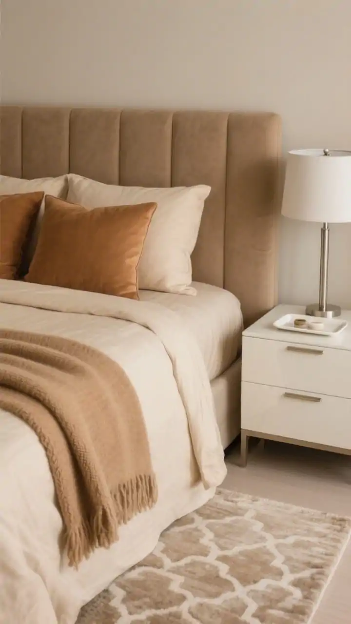 Detail closeup of monochrome beige-on-beige layers on a bed: cappuccino headboard behind caramel euro shams, biscuit sheets, and a camel cashmere throw with visible fiber texture; nearby streamlined table lamp with brushed nickel pulls on a slim-lined nightstand; a cream lacquer tray with minimal objects; a tone-on-tone patterned rug subtly visible at the edge; palette of biscuit, camel, cappuccino, cream; emphasize varied texture, sheen, and weave to avoid flatness; soft, even lighting, photorealistic.