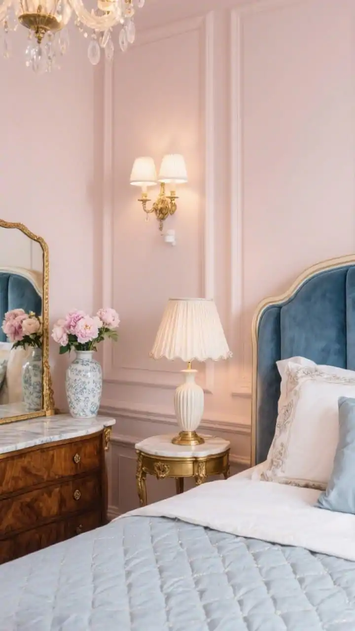 Detail closeup of Parisian-inspired romance: dusted blush wall with applied wall trim, a portion of a curved velvet bed in slate blue visible at the frame edge, antiqued brass side table holding a delicate pleated lampshade lamp, silk or sateen sheets with embroidered pillowcases and a quilted coverlet neatly folded. Reflections in a small gilded mirror on the wall, marble-topped dresser corner with a fluted ceramic vase holding fresh peonies. Soft diffused chandelier light with dimmers for a refined, old-world yet polished mood.