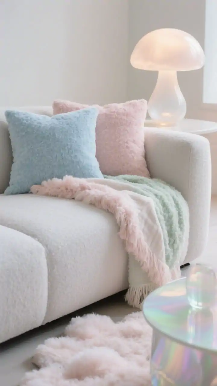 Detail closeup of soft modern pastels and cloudy textures: pale gray or blush-toned sofa cushion with plush feel, bouclé and chenille throw layered over washed linen pillow in powder blue, blush, and soft sage palette; edge of a fluffy cloud-like rug visible below and a hint of iridescent or frosted glass accent on a nearby table; soft glowy light from an opal glass mushroom lamp out of frame; airy, dreamy mood, photorealistic macro texture focus.