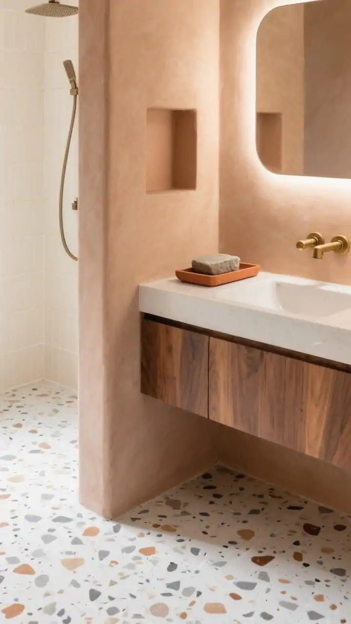Detail closeup of terrazzo chic against clay neutrals: speckled terrazzo floor (white base with warm gray, clay, and tan chips) meeting a soft clay-painted wall, the bottom edge of a wall-mounted light walnut vanity visible, brushed brass fixtures with a rounded rectangle mirror edge catching soft light, a terracotta tray and stone soap dish on the vanity, and a glimpse of a creamy shower tile with a clay-toned niche; warm, modern lighting, intimate macro perspective.